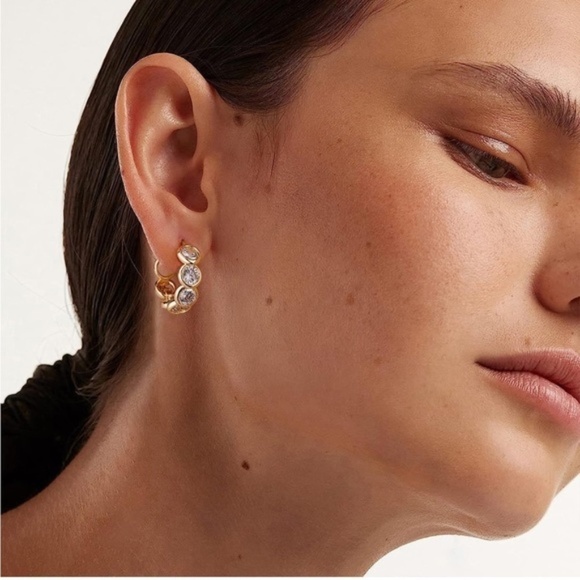 GOLD 14k Gold Plated Cubic Zirconia Hoop Earrings - Picture 2 of 3